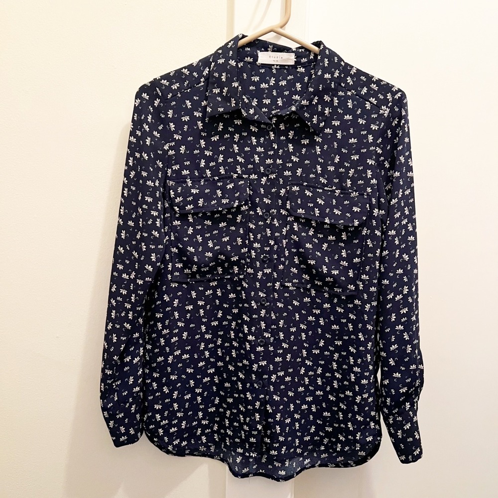 Elodie Floral Button Down Top XS Navy Blue White Pockets Long Sleeve Office